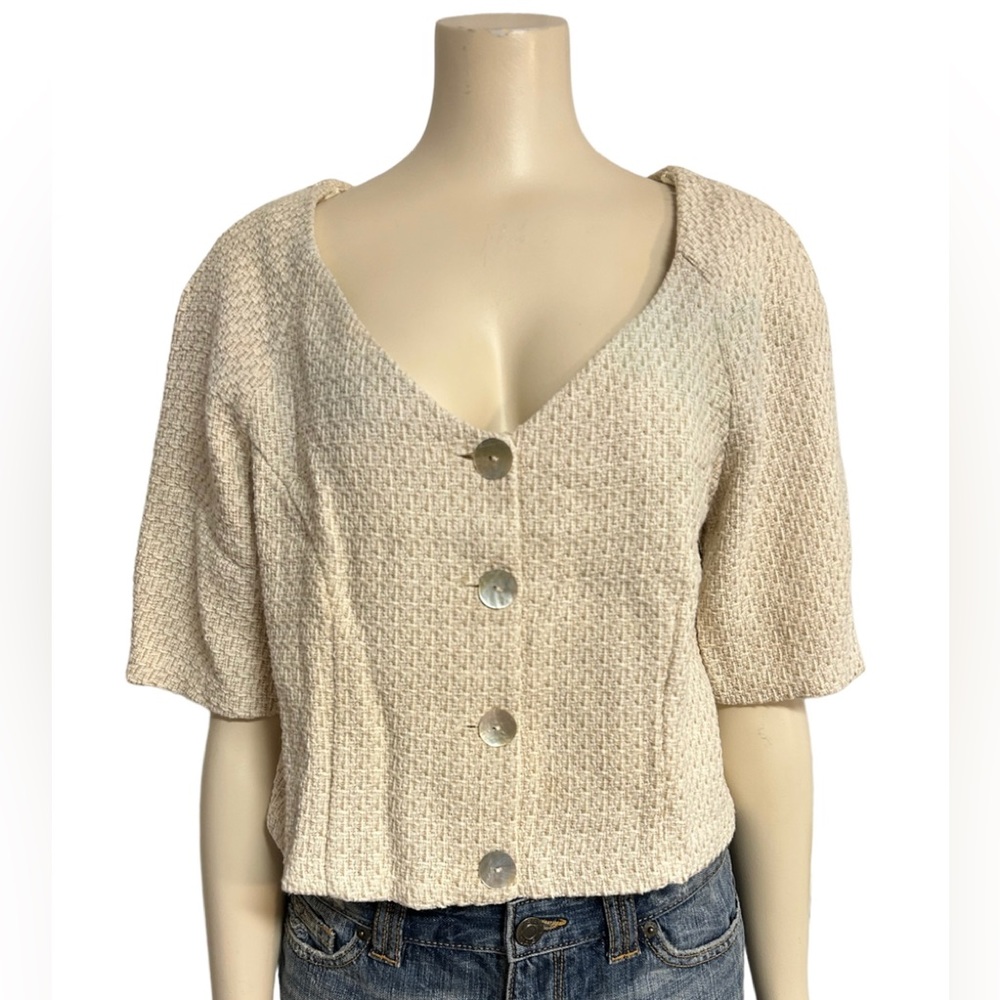 Zara tweed cropped‎ short sleeve button top Jacket womens Size Large oatmeal NEW